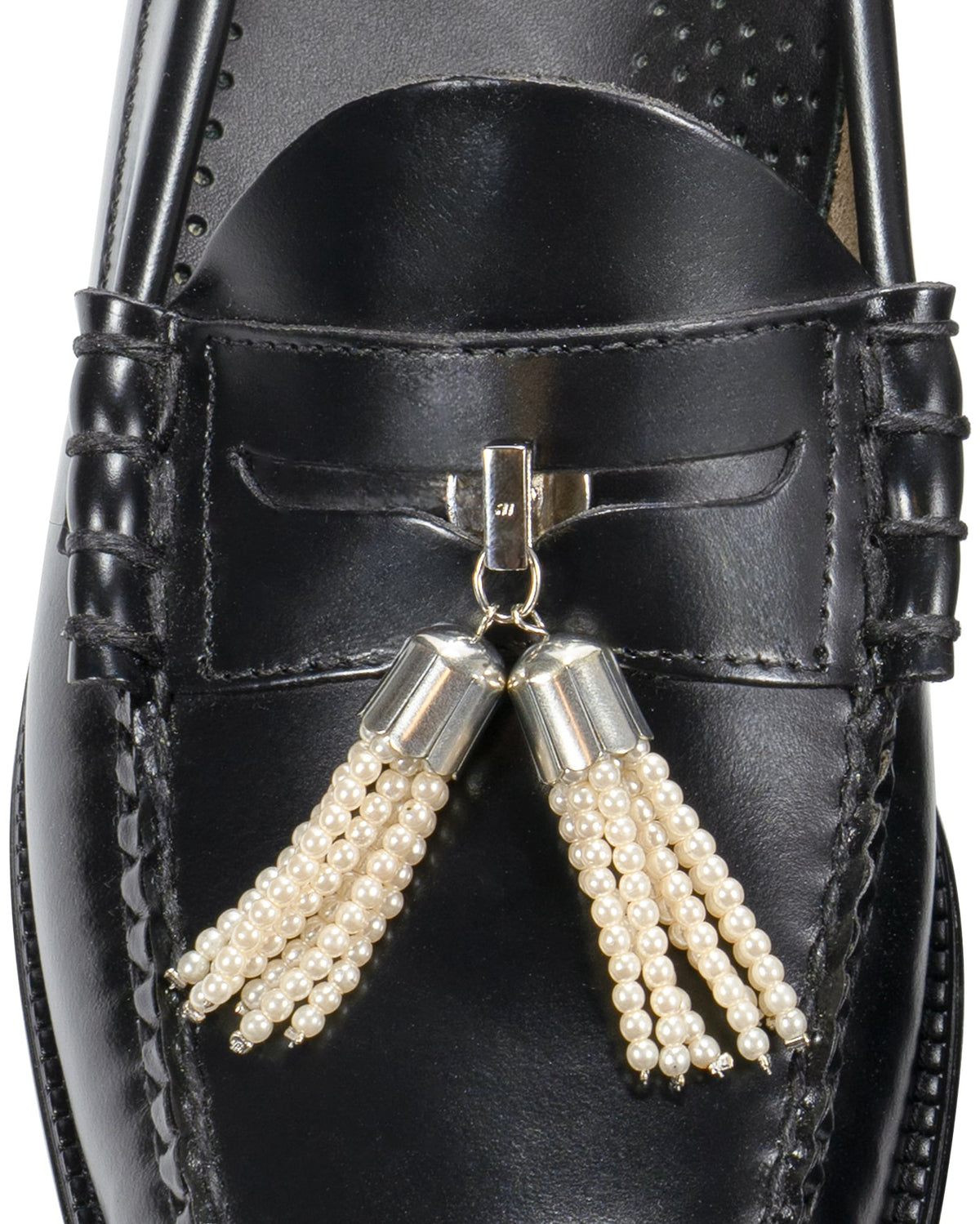 pearl penny pin product photography on penny loafer shoes